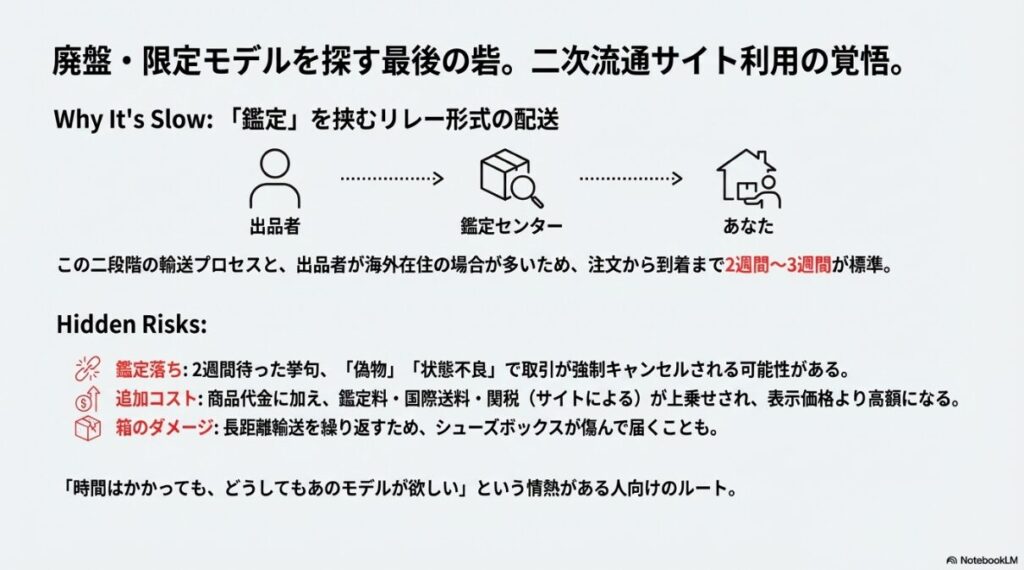 出品者から鑑定センターを経由して購入者に届くまでの流れと、それに伴う配送遅延やリスク（鑑定落ちなど）を説明した図。
