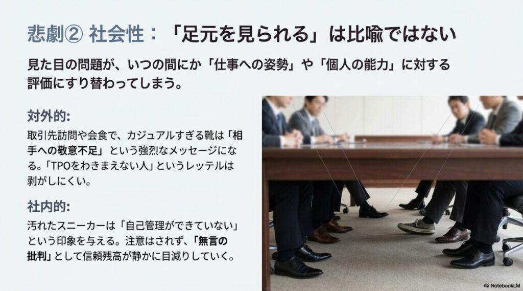 会議テーブルの下で、一人だけカジュアルなスニーカーを履いており、周囲から浮いている様子を描いたイラスト。
