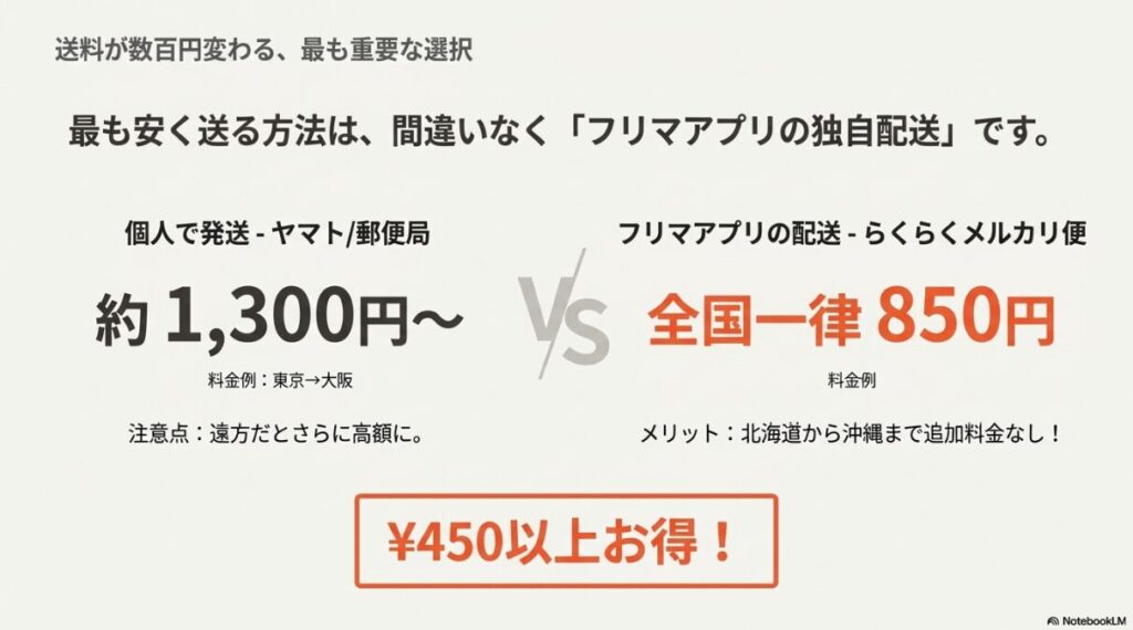 個人でヤマトや郵便局から発送した場合と、らくらくメルカリ便などのフリマアプリ独自配送を利用した場合の送料差額（450円以上）を比較した図。