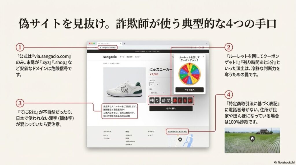 偽サイトの画面キャプチャ。URLが公式と異なる、ルーレットでクーポンが当たる演出、怪しい日本語フォントなどが指摘されている解説図。