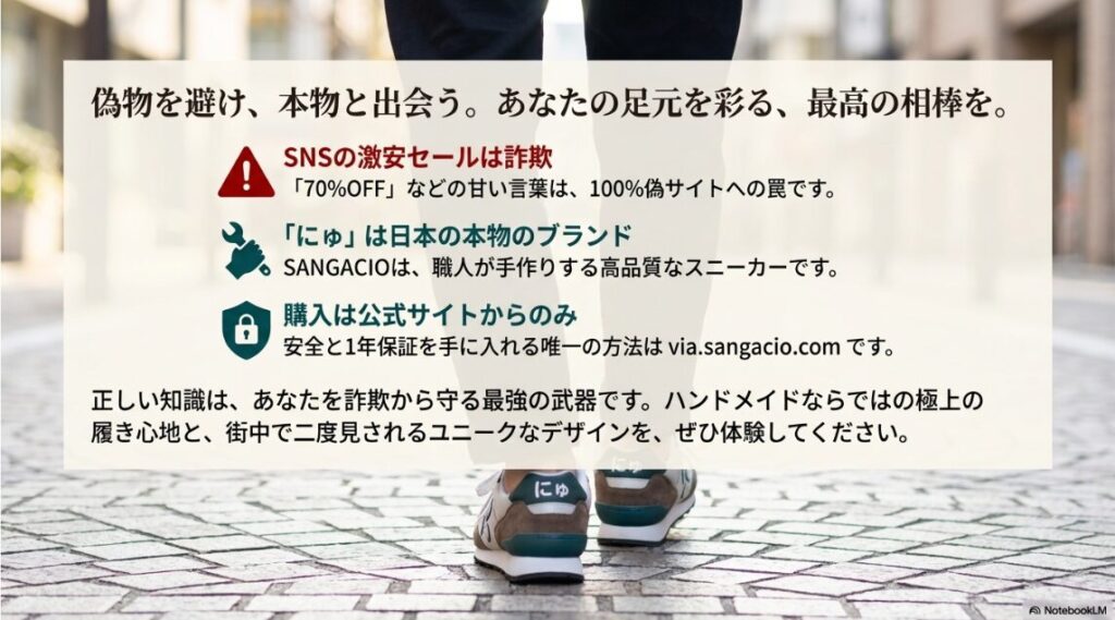 記事の要点をまとめたスライド。「SNSの激安は詐欺」「購入は公式サイトのみ」という重要ポイントが箇条書きされている。