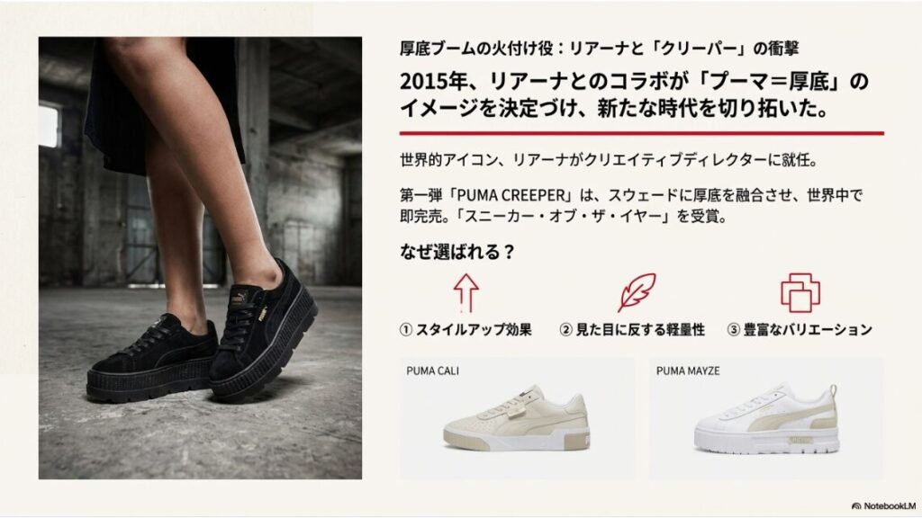 黒いスウェードアッパーに分厚いソールを合わせた「PUMA CREEPER」を履いた女性の足元。