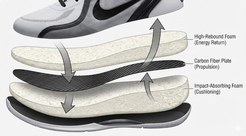 現代の高性能バッシュにおけるミッドソール構造の分解図。エネルギーを反発させる厚い高反発フォームの層の間に、推進力を生む硬質なカーボンファイバープレートが挟み込まれている様子。