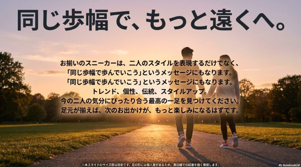 「同じ歩幅で、もっと遠くへ。」という結びのメッセージが書かれたスライド。