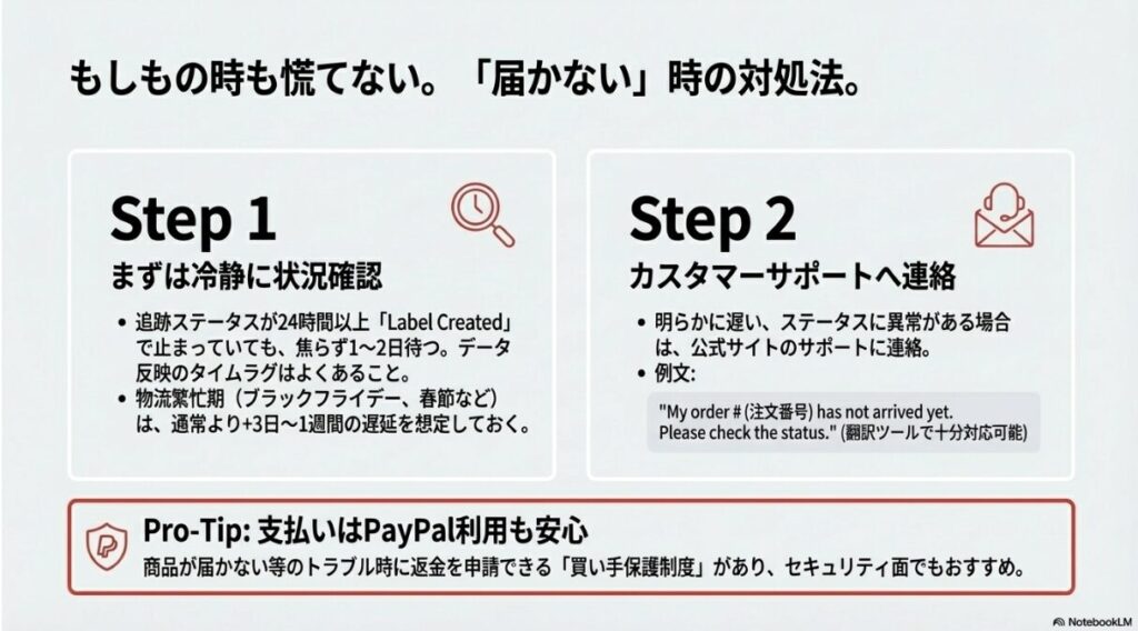 追跡ステータスの確認方法と、カスタマーサポートへの英語での問い合わせ例文、PayPalの買い手保護制度についての解説。