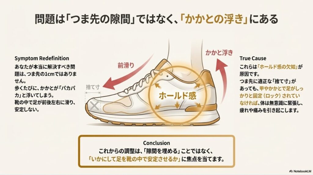 靴の中で足が前滑りし、かかとが浮いてしまうメカニズムの図解。ホールド感の欠如が原因であることを示している。