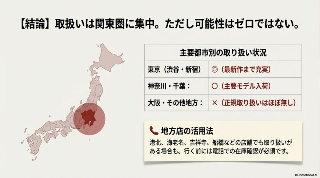 東京・関東と地方の取り扱い状況を比較し、地方店の活用法をまとめたスライド