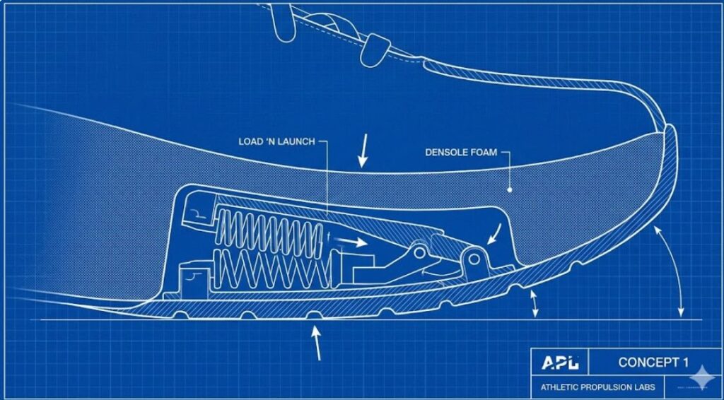 NBAで禁止されたAPL Concept 1バッシュの前足部断面図。ソール内部の空洞に配置された「Load ’N Launch」デバイスが、踏み込みによって圧縮されエネルギーを蓄える物理的な仕組みを示している。