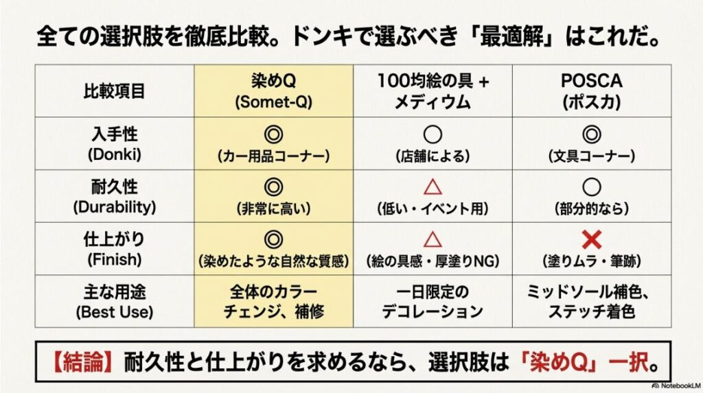 染めQ、100均絵の具、ポスカの入手性、耐久性、仕上がりを比較した表。「染めQ一択」の結論が示されている。