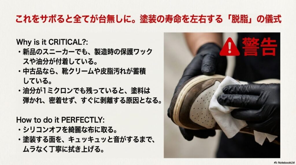 「警告」の文字と共に、スニーカーの表面をシリコンオフで拭き上げている手元の写真。