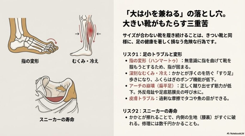 ハンマートゥやふくらはぎのポンプ機能低下、靴の腰裏の破損など、サイズが合わない靴のリスクを図解したイラスト。