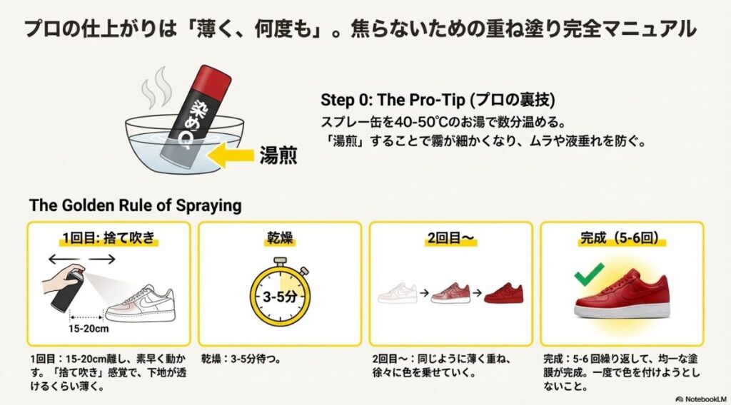 1回目は捨て吹き、2回目以降で色を乗せ、合計5-6回で仕上げるスプレー塗装の工程図。