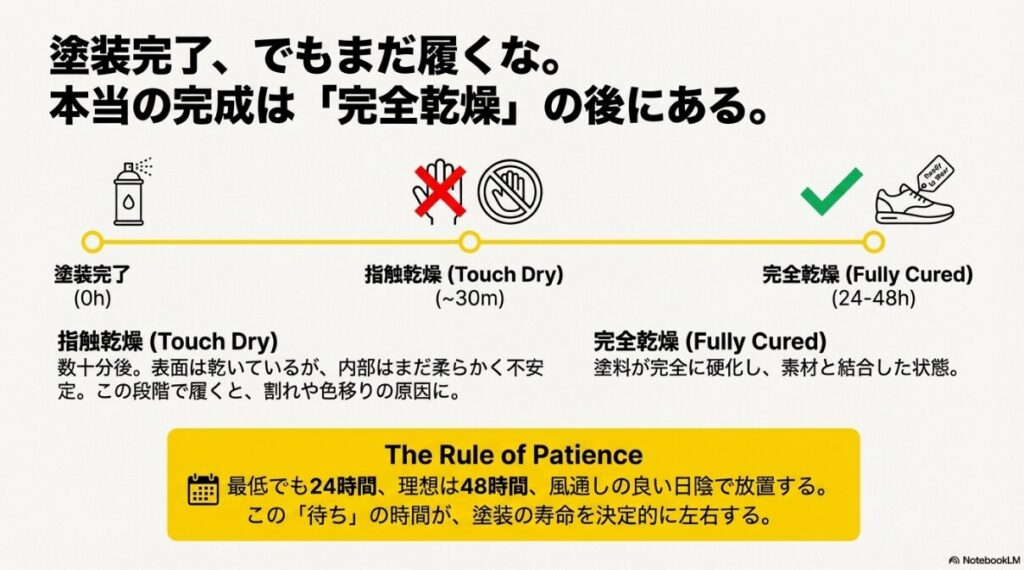 指触乾燥(30分)ではまだ早く、完全乾燥(24〜48時間)まで待つべきであることを示すタイムライン図。