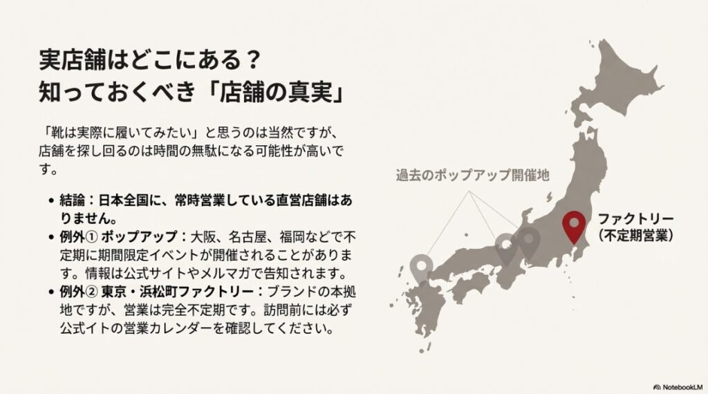 日本地図上に常設店舗がないこと、例外として不定期のポップアップや浜松町のファクトリーがあることを示した図。