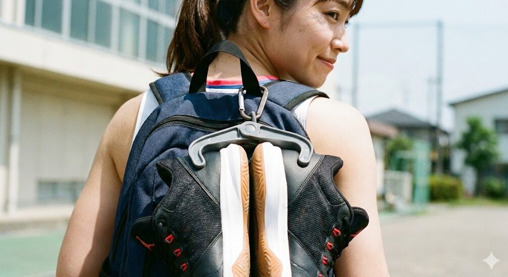 泥だらけのバッシュをゴミ袋に入れ、空気を抜いて圧縮し、リュック内を汚さないように収納する緊急時の裏ワザ。