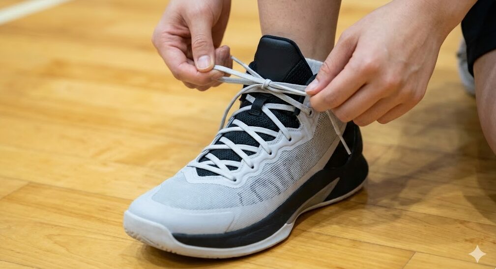 足の甲の圧迫を防ぐために靴紐を一部クロスさせずに飛ばす「ウィンドウレーシング（中抜き結び）」の結び方詳細