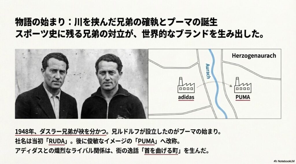 プーマ創業者ルドルフ・ダスラーと弟のアドルフ・ダスラーの顔写真、および川を挟んで位置する両工場の地図。