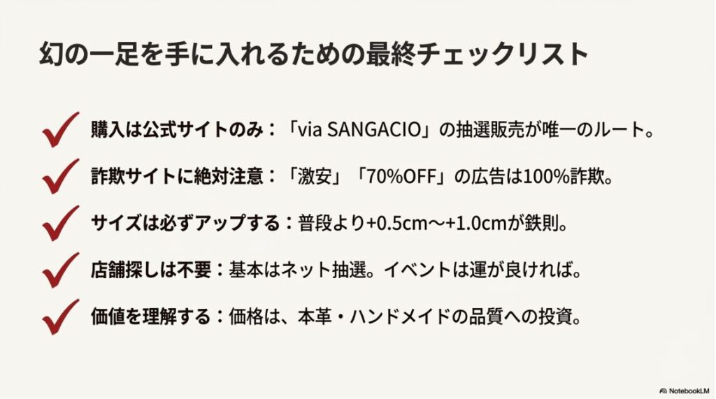公式サイトでの購入、詐欺への注意、サイズアップ、価格の価値理解など、購入前の重要ポイントをまとめたチェックリスト。