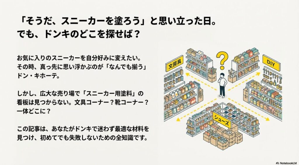 文房具、DIY、シューズコーナーのどこに行けばいいか迷っている人物と、広大な売り場のイラスト。