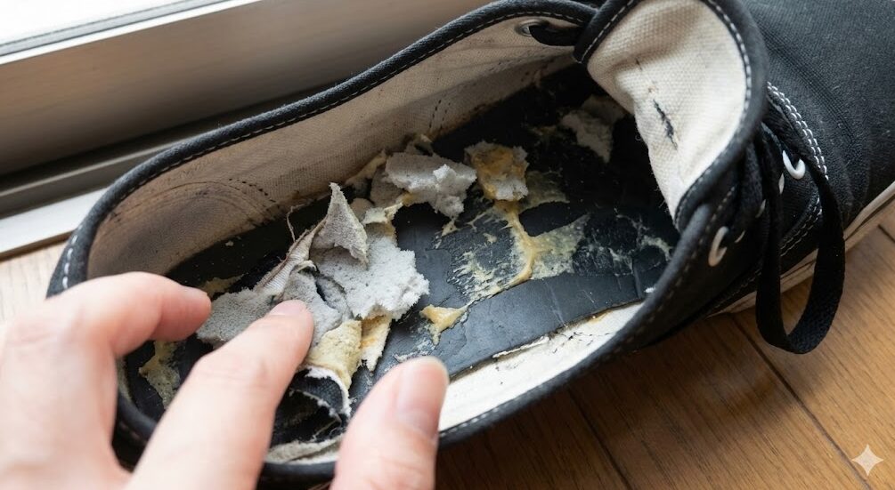 無理に剥がそうとしてインソールのスポンジがちぎれ、靴底に接着剤と残骸が凸凹に残ってしまったVansの内部。