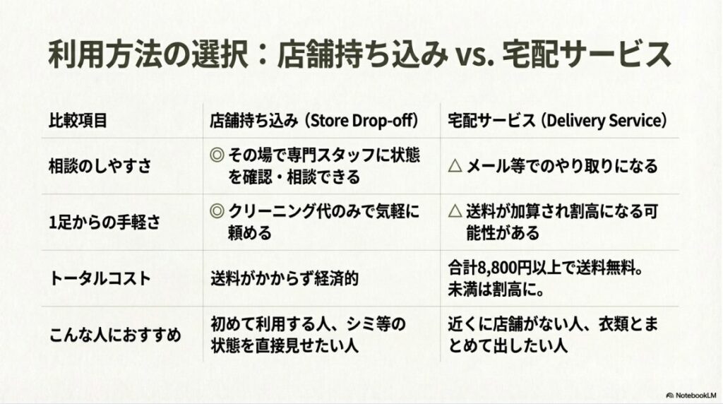 相談のしやすさ、1足からの手軽さ、トータルコストの観点から店舗持ち込みと宅配サービスを比較し、それぞれのおすすめユーザーをまとめた表。