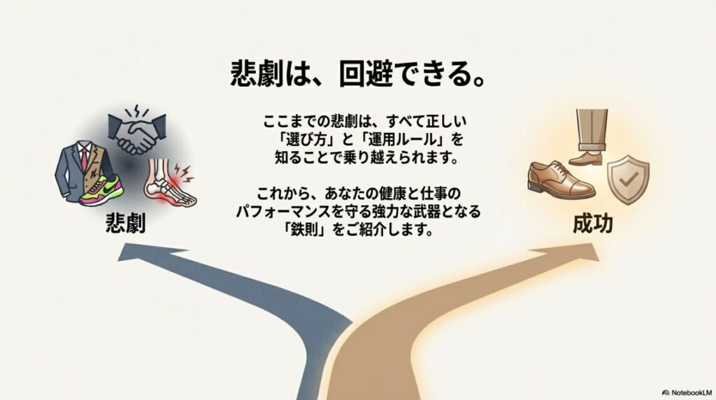 握手する手、健康な足、きれいな靴のイラストと共に、正しい選び方で成功できることを伝えるスライド。
