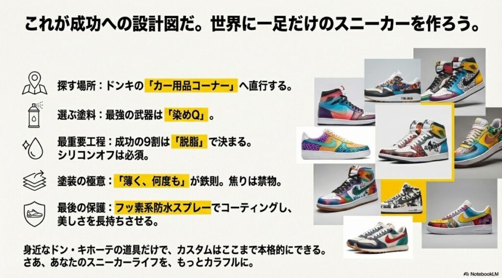 売り場選びから脱脂、塗装、最後の保護まで、スニーカーカスタムの一連の流れをまとめたチェックリスト。