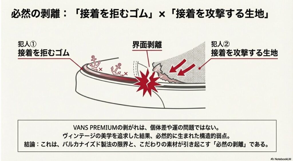 接着しにくい光沢ゴムと、接着面を負荷をかける硬い生地の組み合わせが、剥がれの根本原因であることを示したまとめスライド。