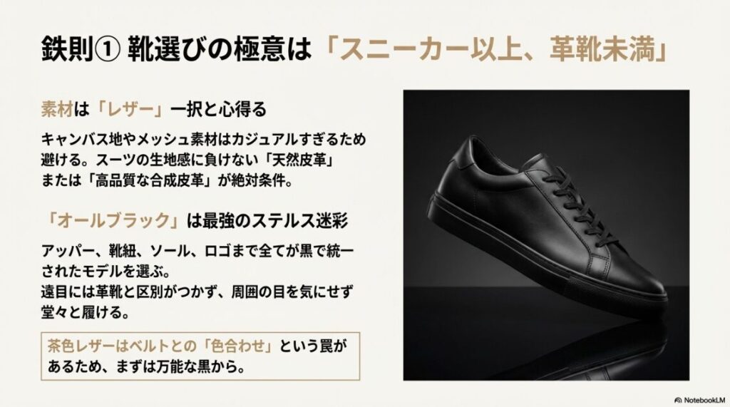 全体が黒で統一されたシンプルなレザースニーカーの写真。「素材はレザー一択」「オールブラックは最強」という解説文。