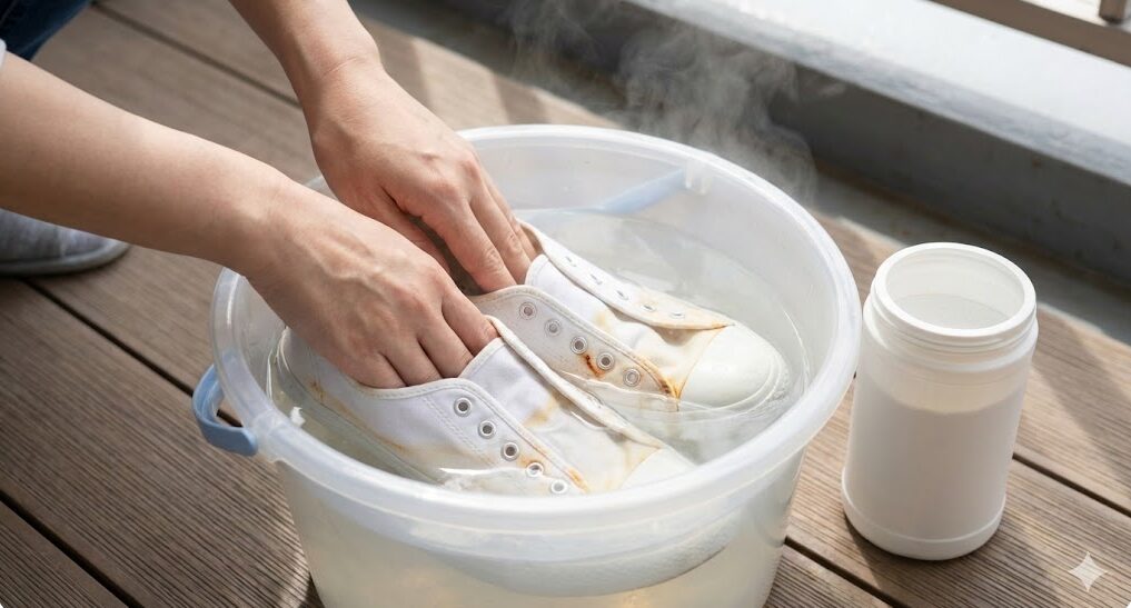 バケツに入れたお湯と還元系漂白剤の中に白いスニーカーを浸して、サビ汚れや黄ばみを除去しているつけ置き洗いの様子