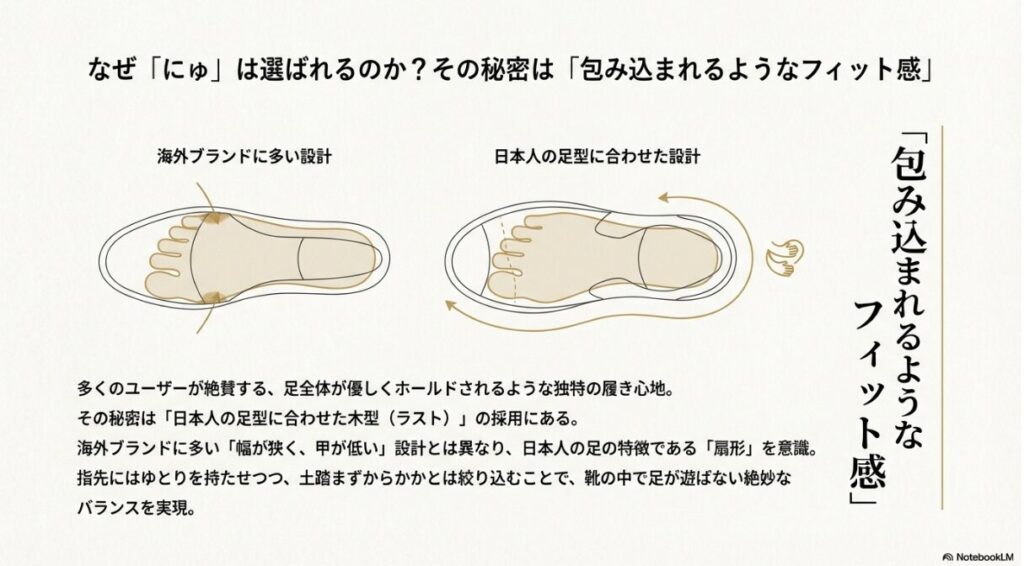 海外ブランドの細身の設計と、日本人の足に合わせた扇形の設計を比較した図解。