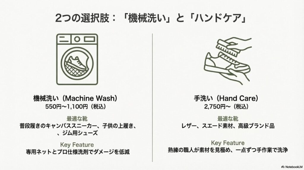 洗濯機のアイコンで示される「機械洗い（550円〜）」と、ブラシを持つ手のアイコンで示される「手洗い（2,750円〜）」のそれぞれの特徴と料金目安のイラスト。