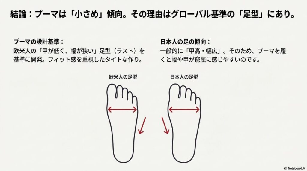 欧米人の足型（甲低・幅狭）と日本人の足型（甲高・幅広）のイラスト比較。プーマが小さめに感じる理由を解説。