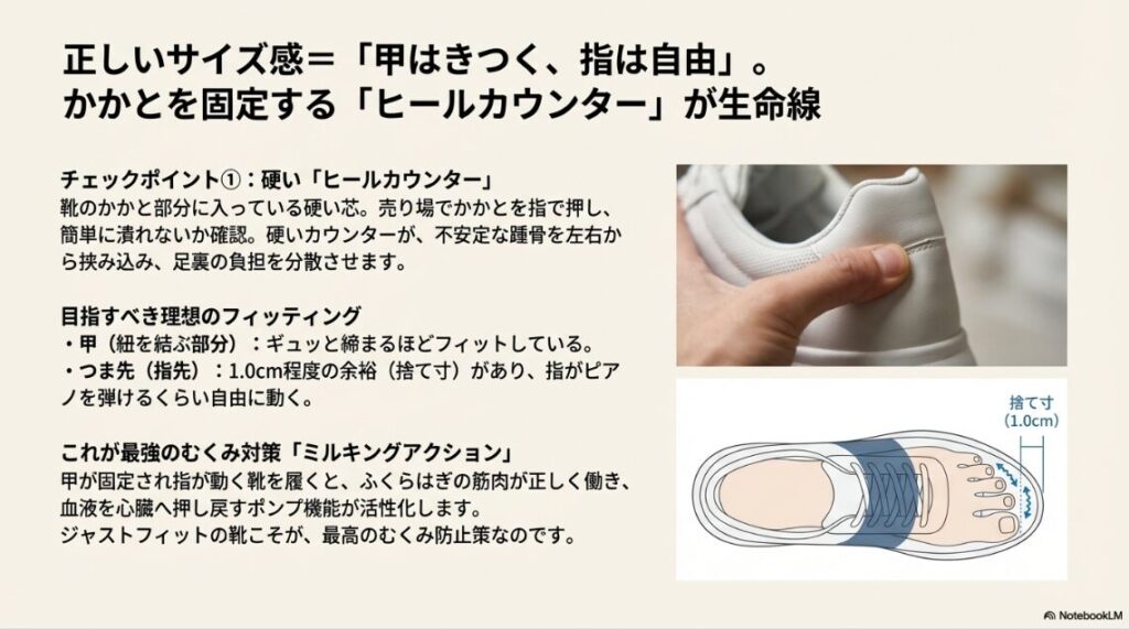 つま先の捨て寸（1cm）の確認と、かかとを固定するヒールカウンターの硬さチェック、ミルキングアクションの効果解説