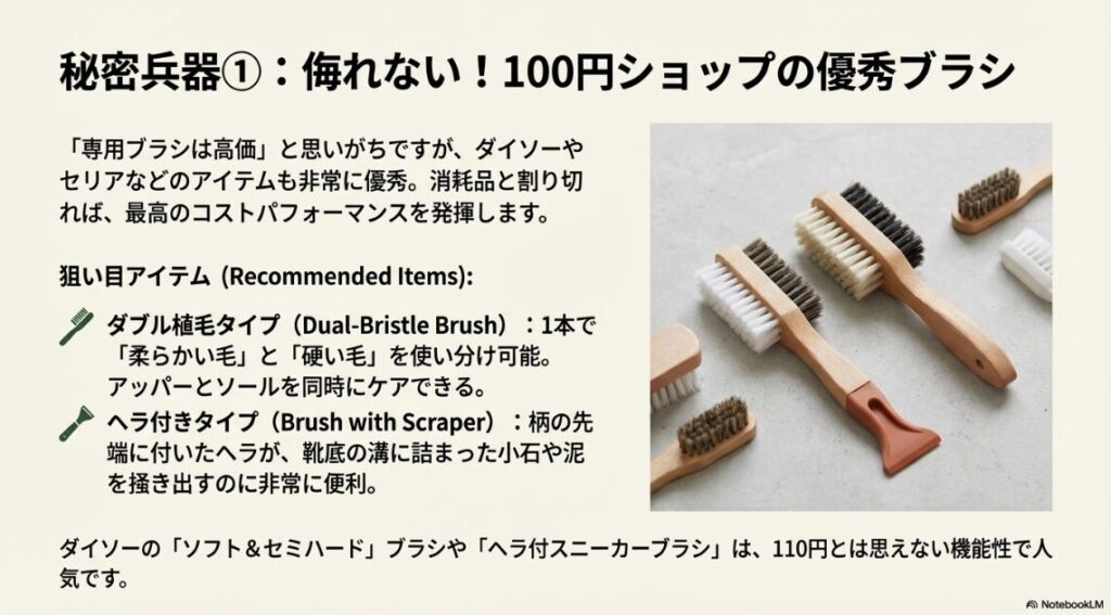 レザーシューズを水に浸けず、ブラシと泡クリーナーを使って拭き取り洗浄する3つのステップ解説図。