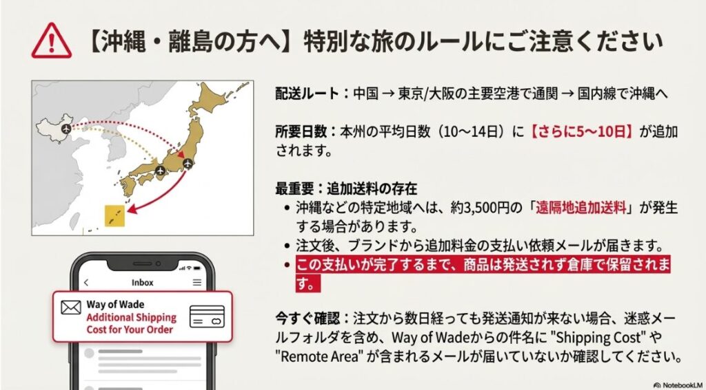 沖縄への配送にかかる追加日数と、追加送料支払い依頼メールの確認を促す注意喚起図