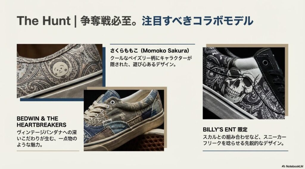 さくらももこコラボや、ヴィンテージバンダナを使用したパッチワークデザイン、スカル柄など、希少な限定モデルの拡大写真。