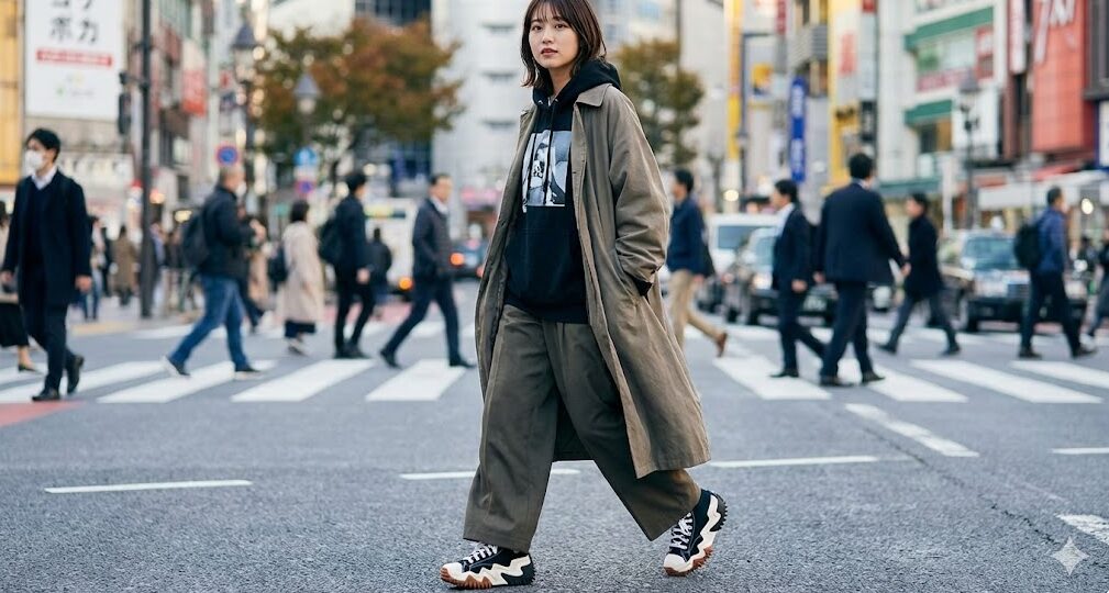 ボリュームのあるソールが特徴の厚底コンバース「トレックウェーブ」を着用したストリートスナップ。