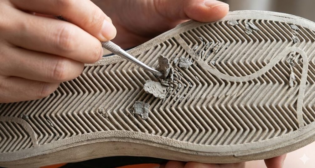 バッシュのソールにある細かい溝に詰まった硬いホコリの塊を、尖った道具を使ってほじくり出しているクローズアップ写真。