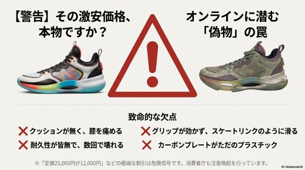 クッション性やグリップ力がないなど、偽物（フェイク）の致命的な欠点を警告するスライド