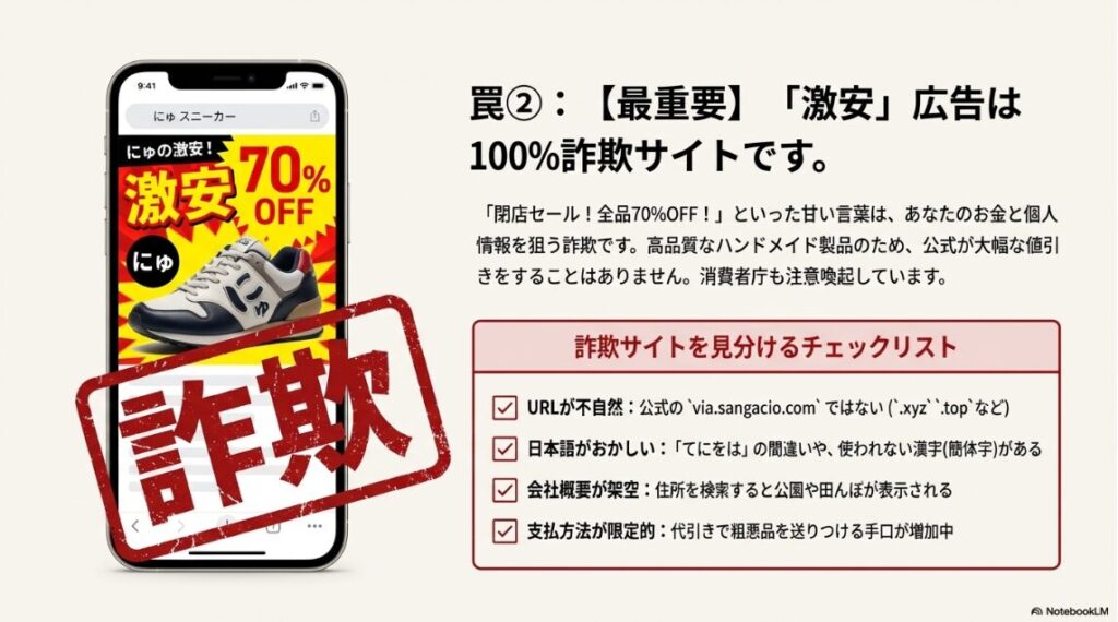 スマートフォンの画面に「激安70%OFF」と表示された詐欺広告のイメージと、URLや日本語の不自然さをチェックするリスト。