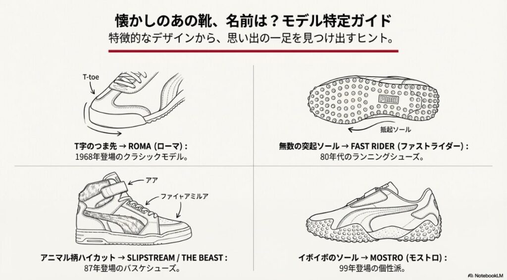 T字のつま先（ROMA）、突起ソール（FAST RIDER）、ハイカット（SLIPSTREAM）などの特徴を描いたイラスト図解。