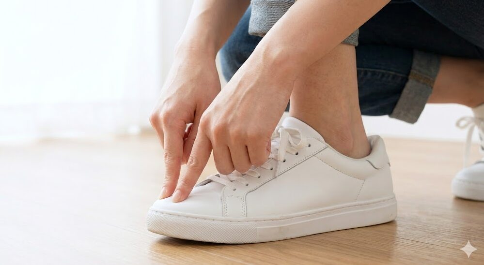 スニーカーのつま先部分を指で押し、適切な捨て寸（隙間）があるかを確認している様子