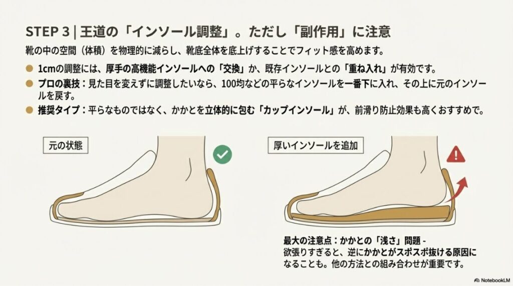 シュータンの裏にパッドを貼り、足の甲を上から押さえることで、かかとが靴の後部に密着する仕組みを示した図。