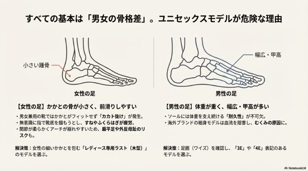 女性の小さい踵骨と男性の幅広甲高な足の特徴を比較した骨格図解。ユニセックスモデルが合わない理由。