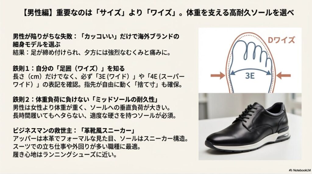 足囲（ワイズ）3EやDワイズの違いと、体重を支える革靴風スニーカーのソール構造解説