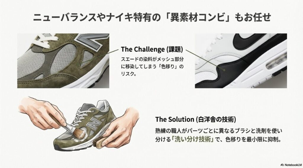 ニューバランスやナイキなどの異素材スニーカーに対し、スエードの色移りを防ぐためにパーツごとにブラシと洗剤を使い分ける職人の技術解説図。