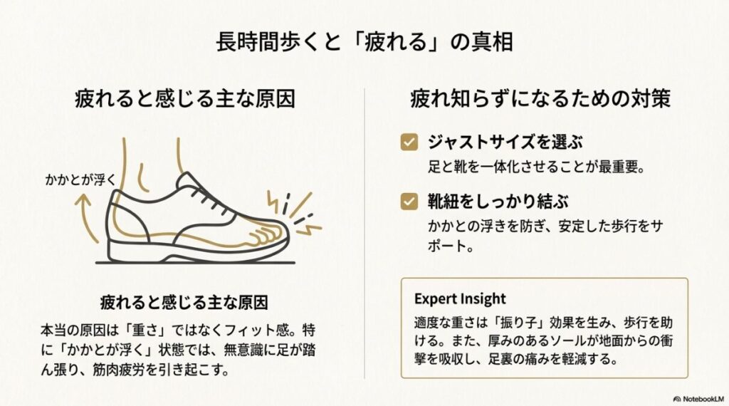サイズが合わずかかとが浮いてしまう状態の図と、靴紐をしっかり結んで固定する対策。