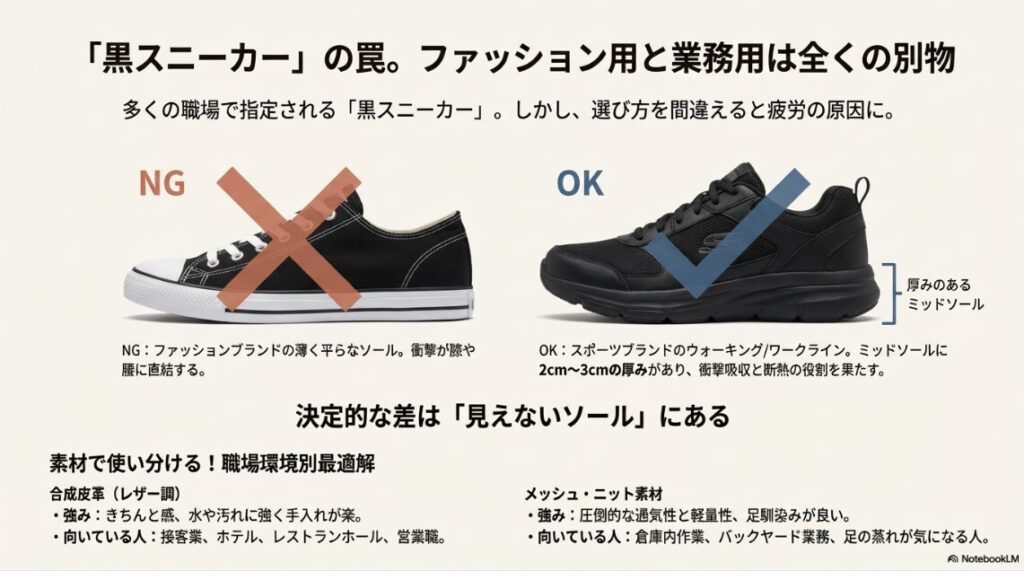 ファッション用コンバースのような薄底靴（NG例）と、スケッチャーズのような厚底ウォーキングシューズ（OK例）の比較画像