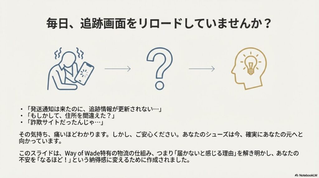 追跡画面が更新されず、商品が届かないことに不安を感じているユーザーのイラスト